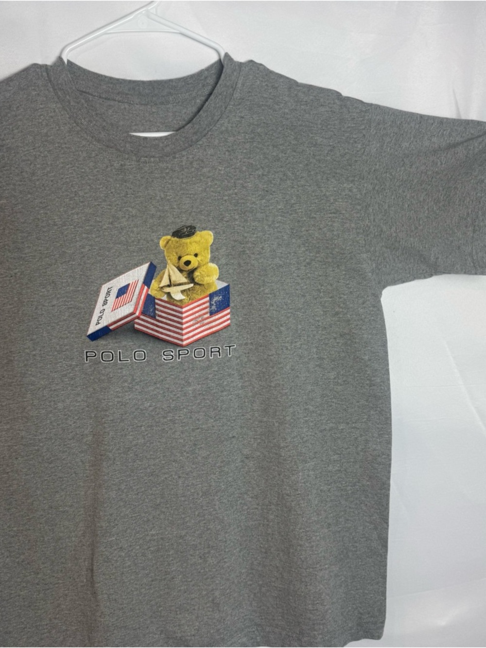 Vintage 90s Polo Sport Ralph Lauren Polo Teddy Bear T-Shirt Size L Gray